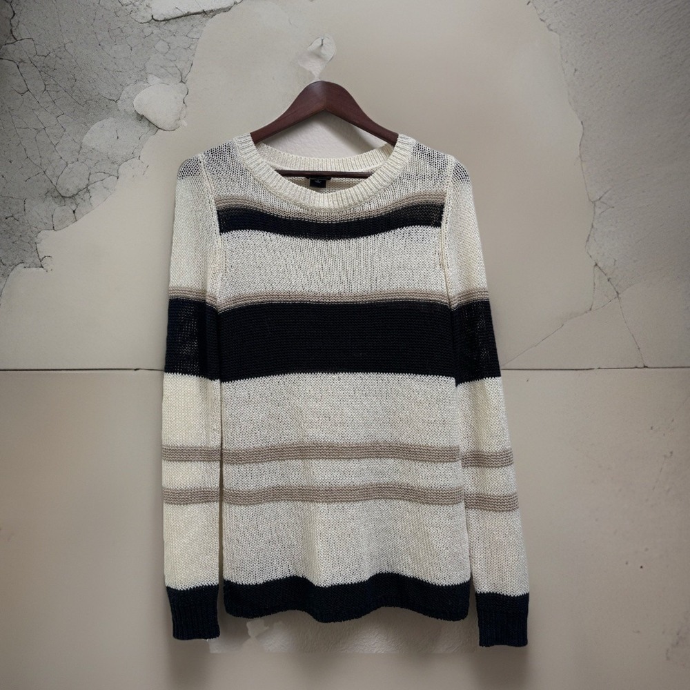 Ann Taylor Size S Womens Striped Knit Sweater Cream Black Tan Long Sleeve